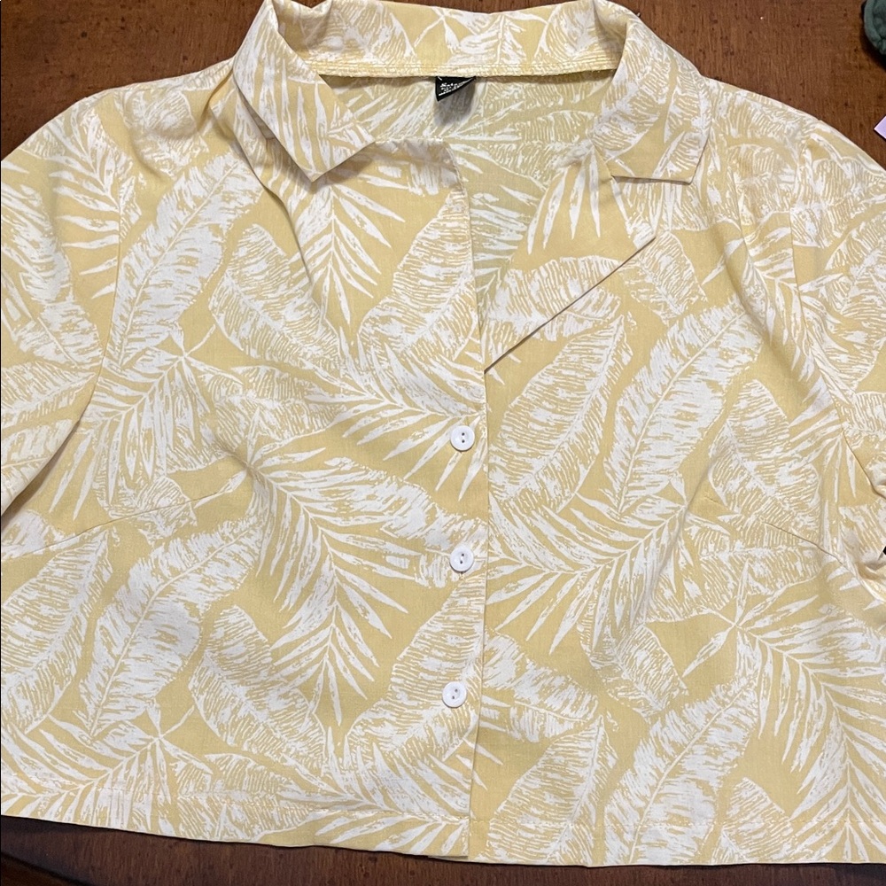 Yellow and White Leaf Print Button-Up Shirt
